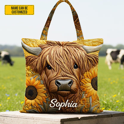 Personalized Highland Cow & Sunflower Tote Bag