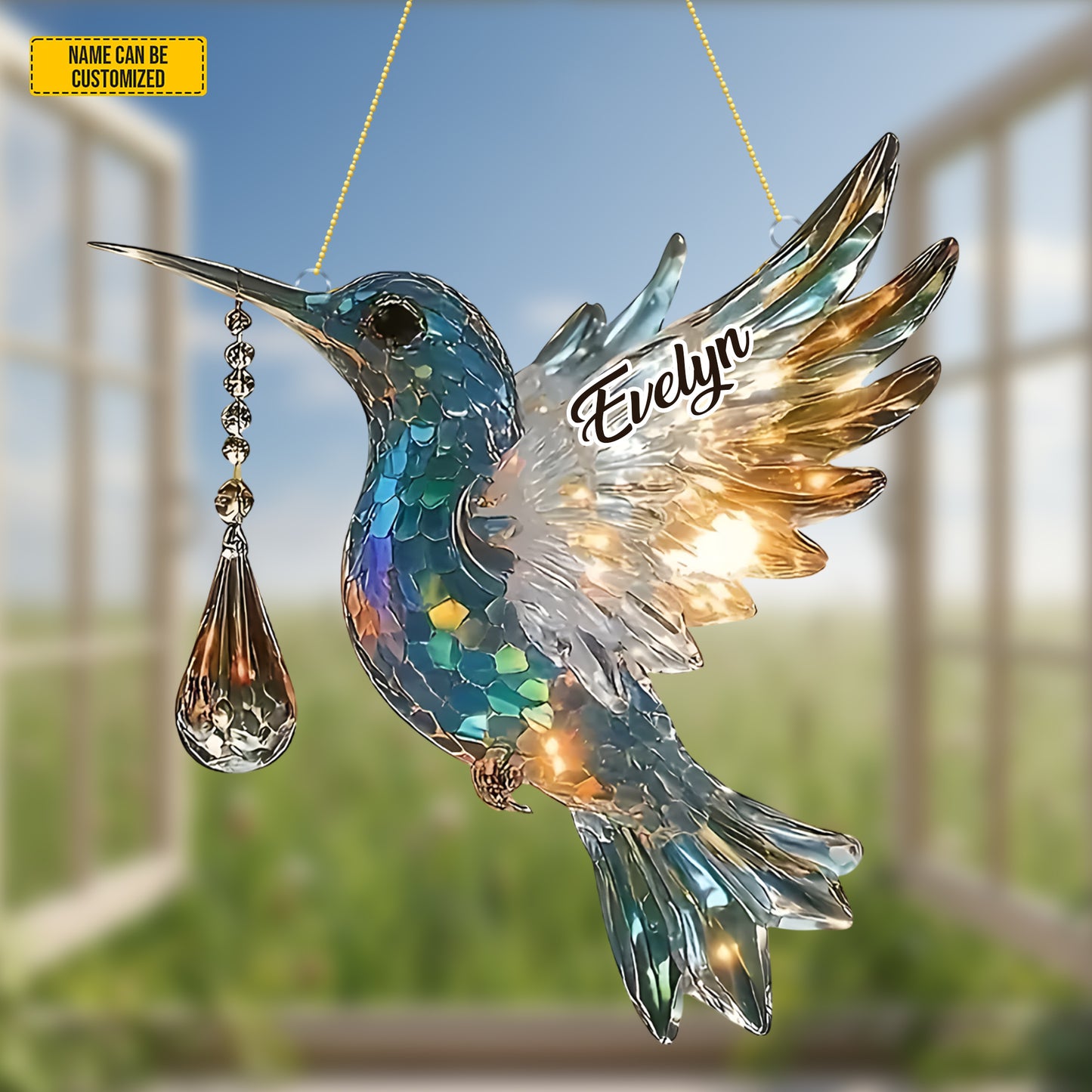 Colorful Hummingbird With Charm - Personalized Acrylic Window