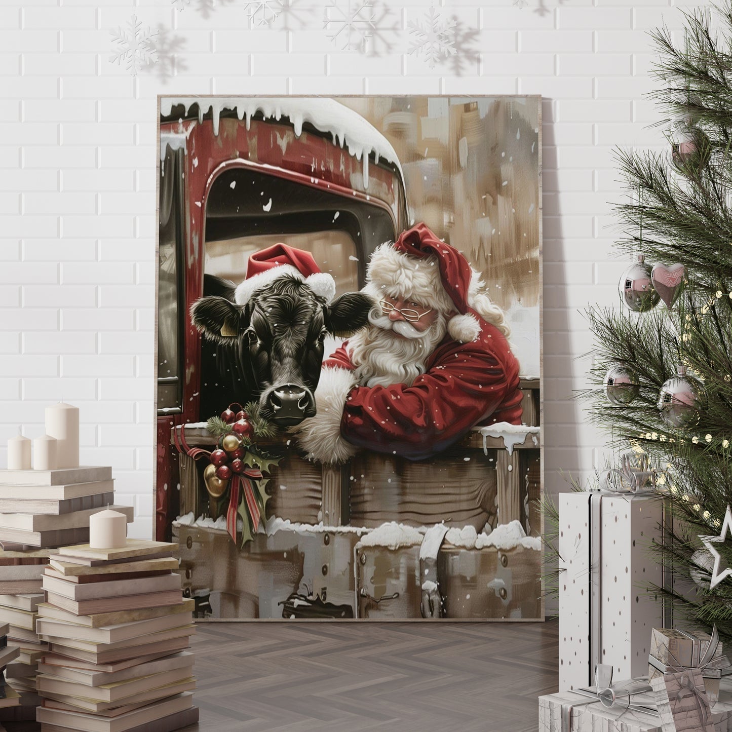 Cow and Santa - Canvas And Poster