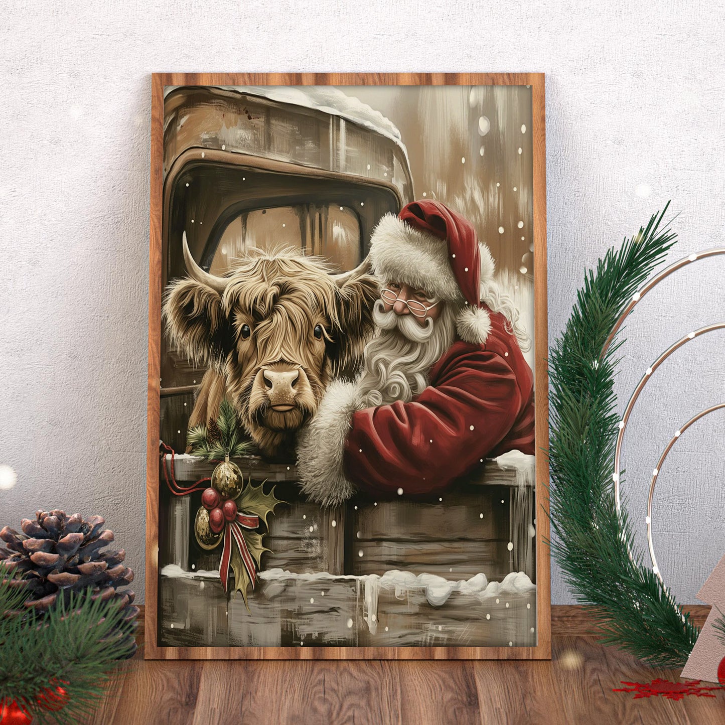 Santa & Highland Cow Christmas Canvas - Wall Decor