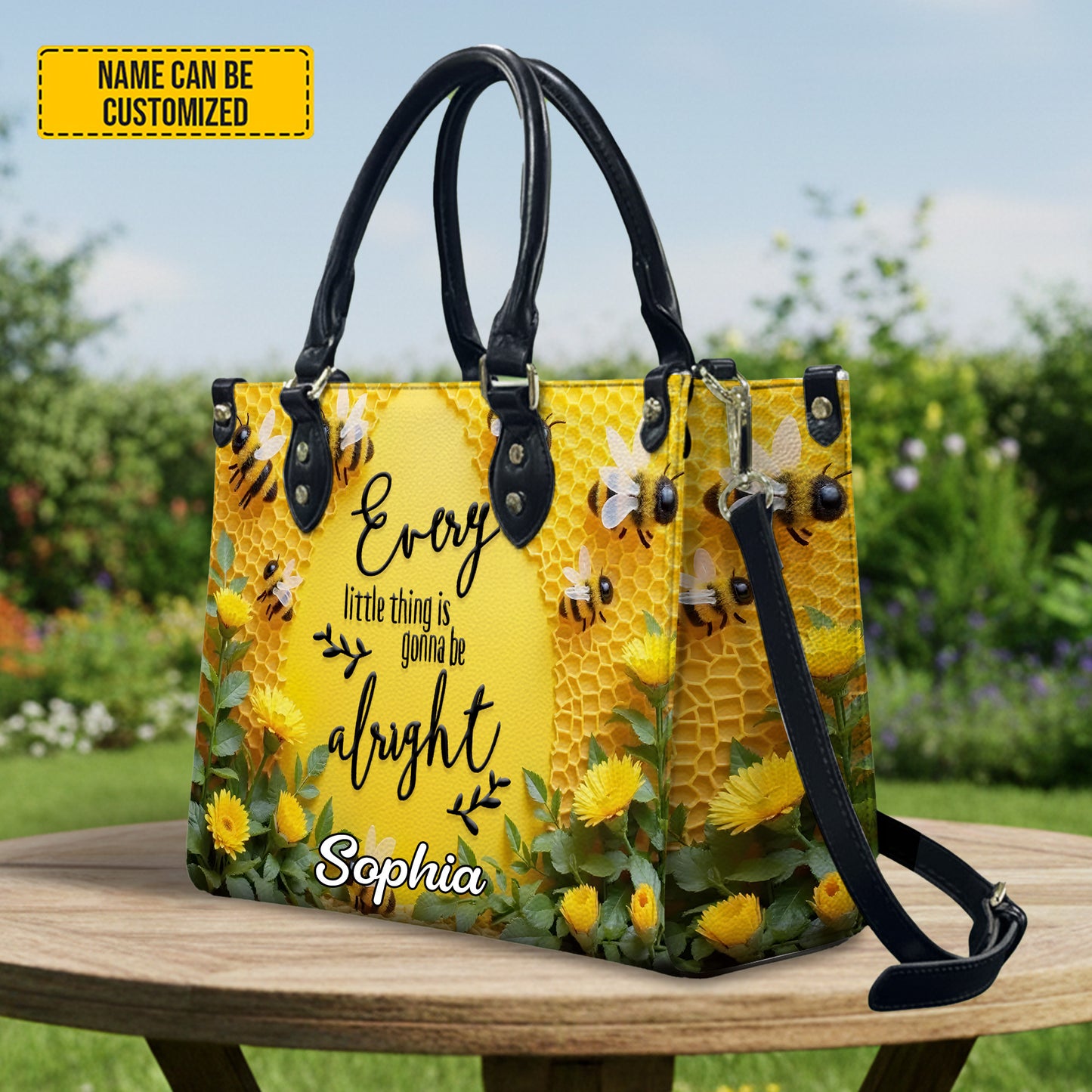 Personalized Bee & Sunflower Leather Handbag