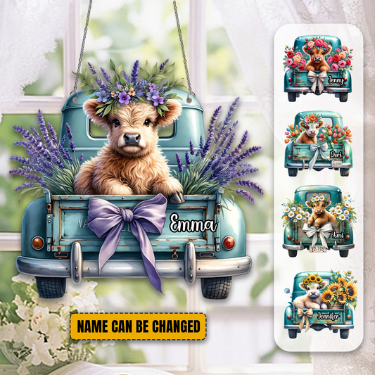Personalized Truck Highland Cow & Flower Acrylic Window