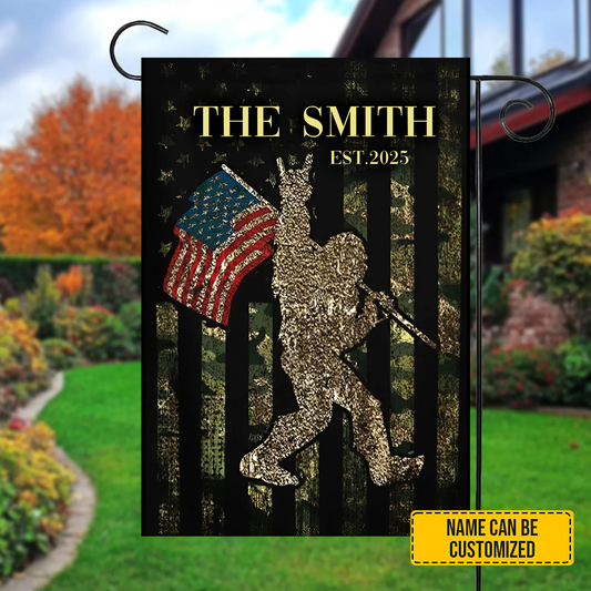 Patriotic Stride – Personalized Bigfoot Garden Flag, House Flag