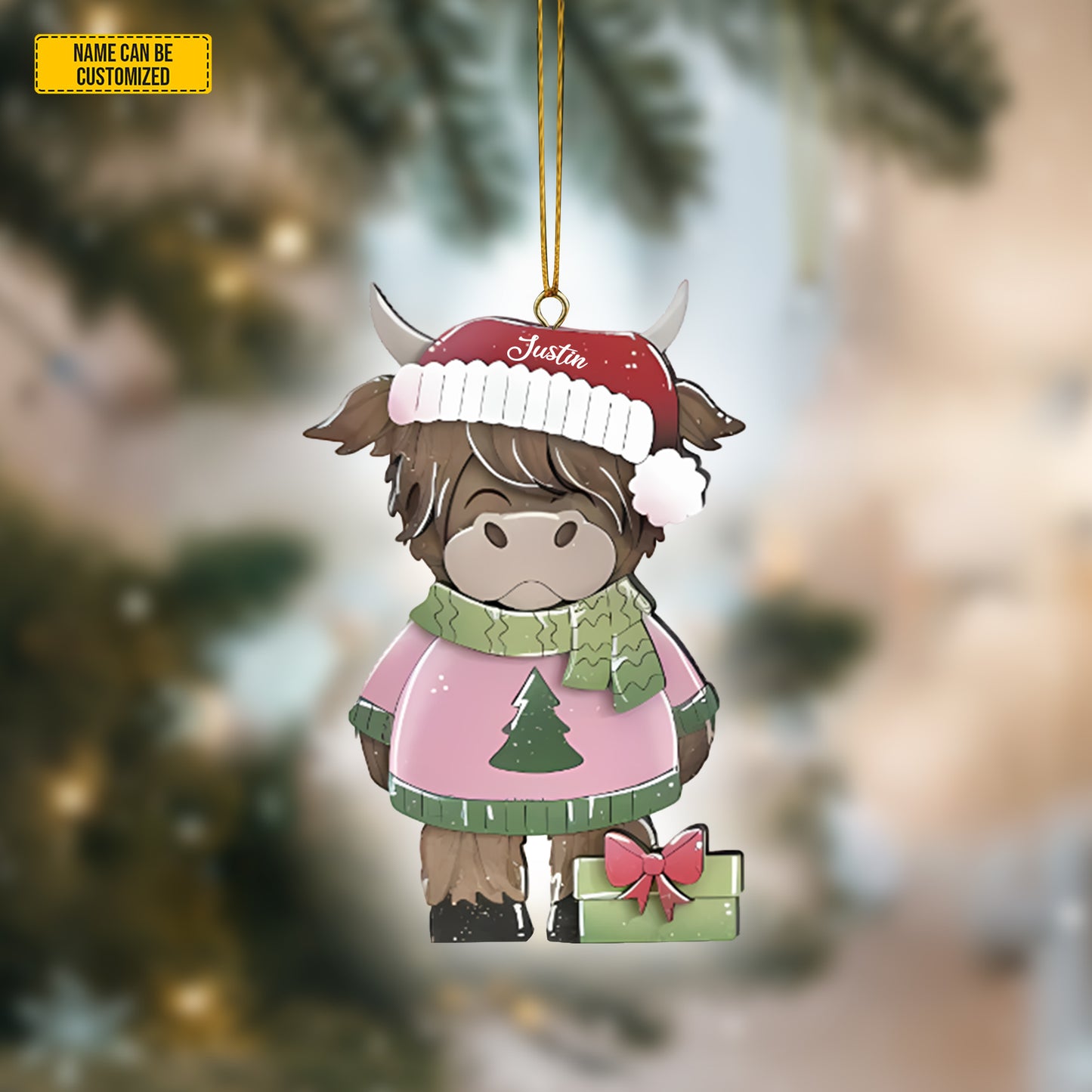 Personalized Santa Highland Cow Christmas 3-Layers Wood Ornament