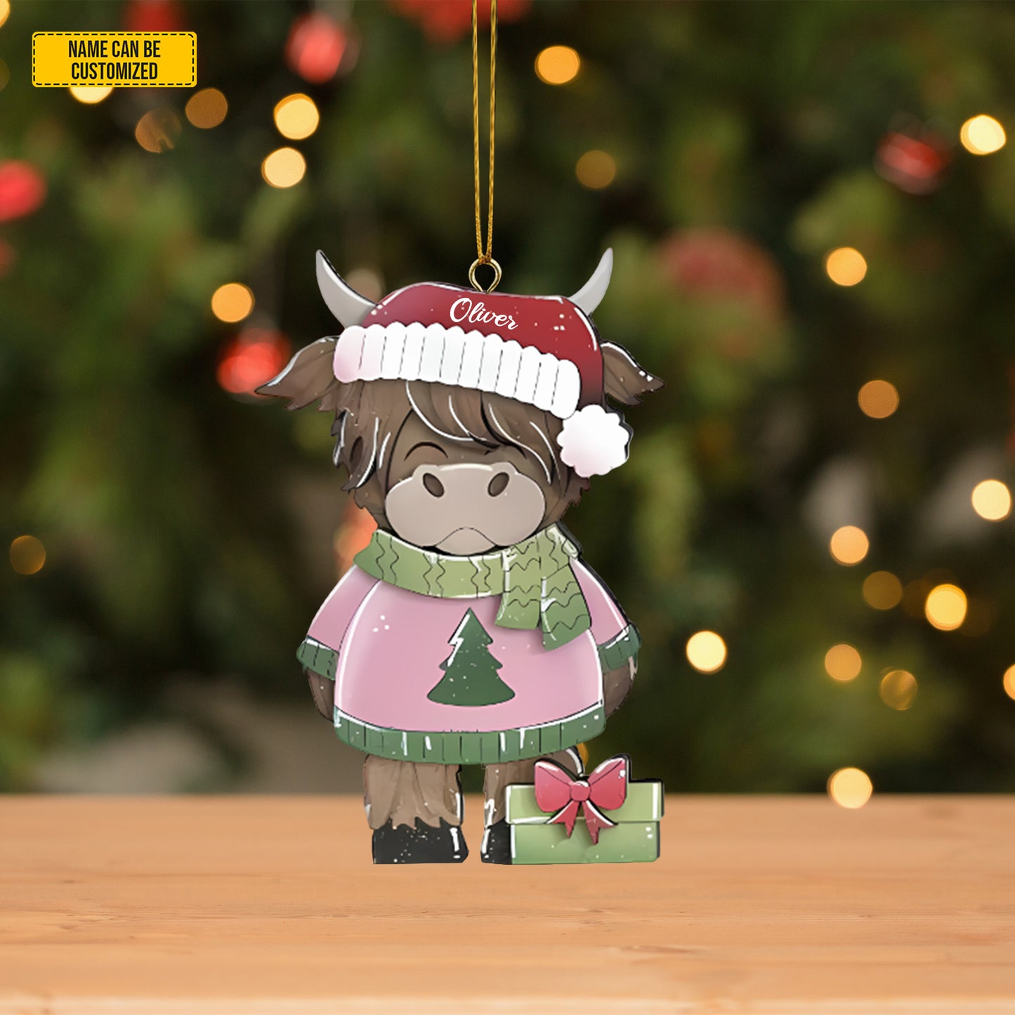 Personalized Santa Highland Cow Christmas 3-Layers Wood Ornament