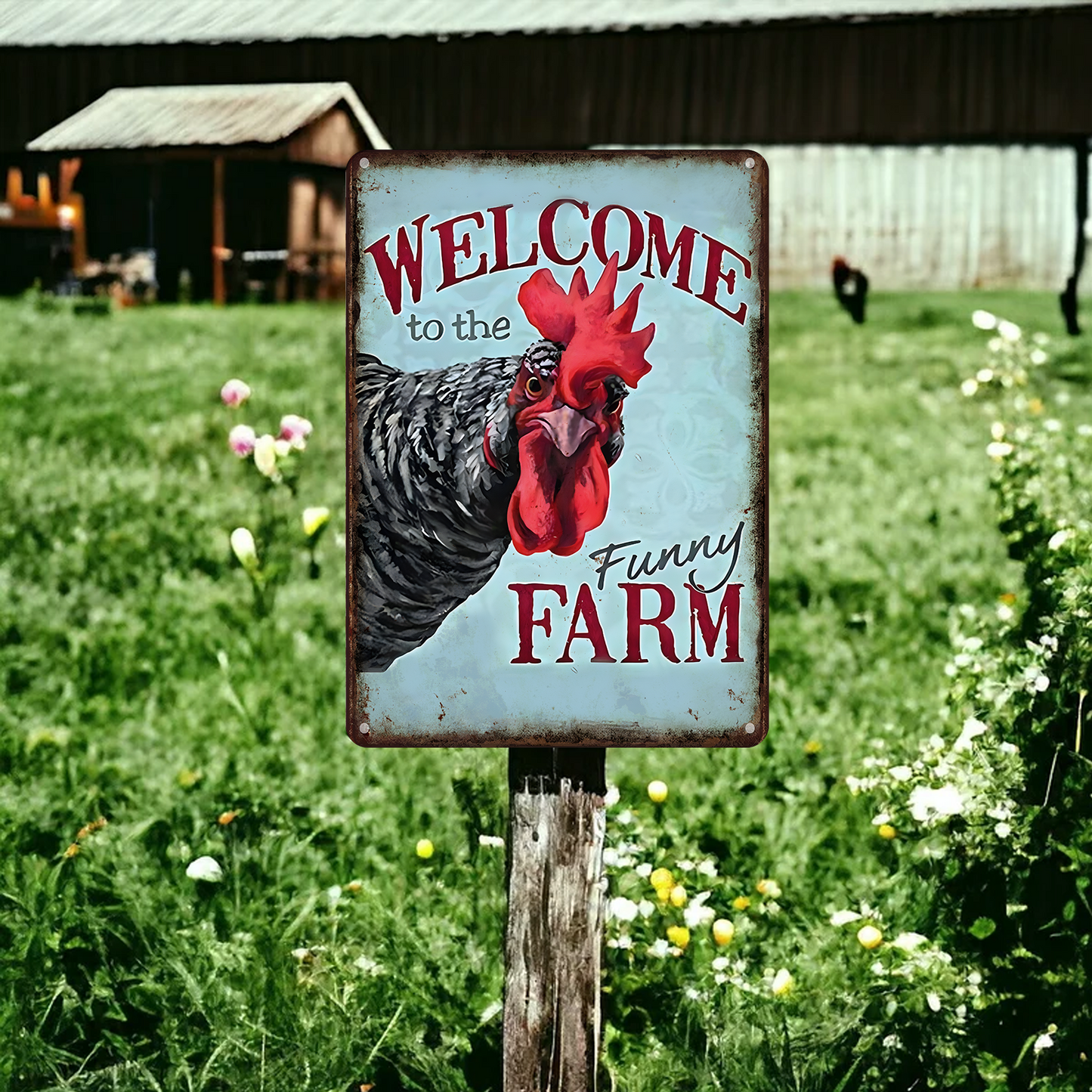 Welcome To The Funny Farm- Funny Chicken Metal Sign