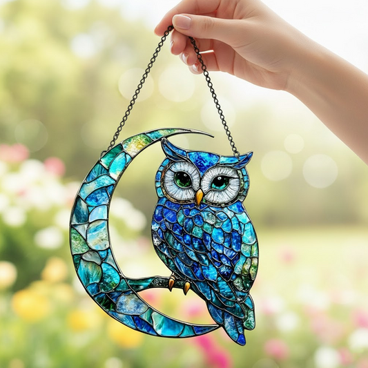 Blue Owl On Moon Acrylic Window Hangging