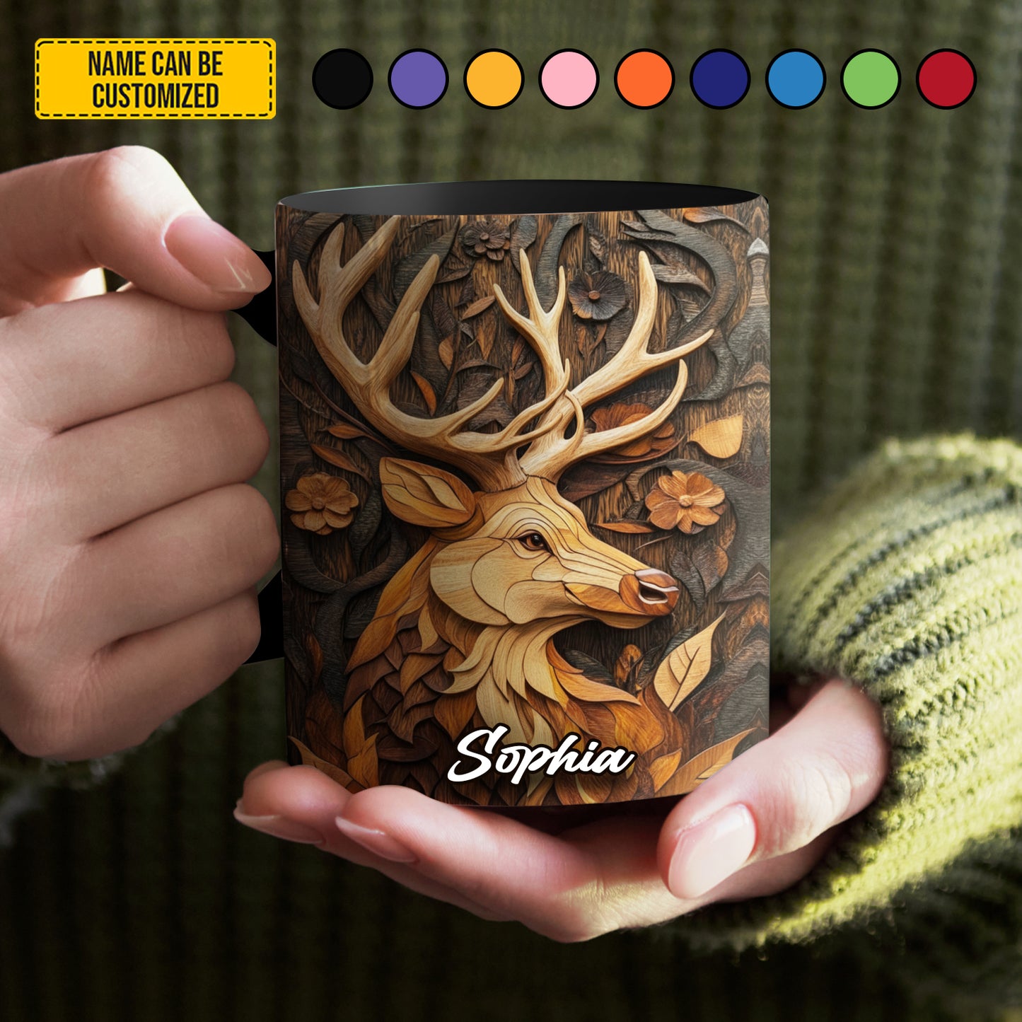 Personalized Deer Wooden Carving Style Accent Mug