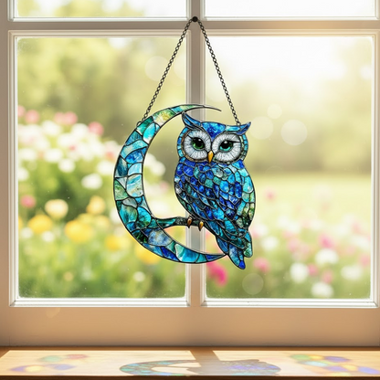Blue Owl On Moon Acrylic Window Hangging