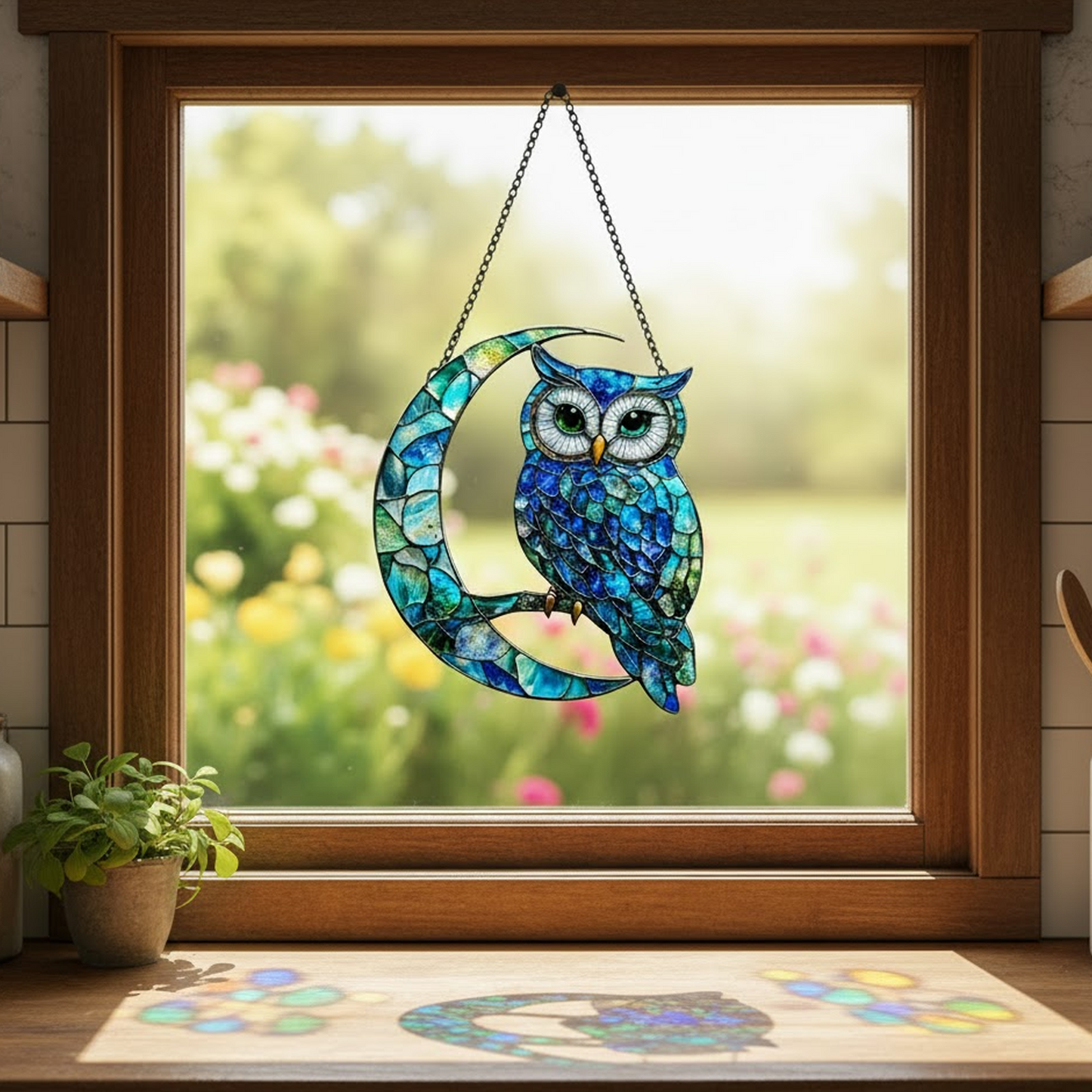 Blue Owl On Moon Acrylic Window Hangging
