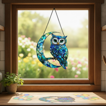 Blue Owl On Moon Acrylic Window Hangging