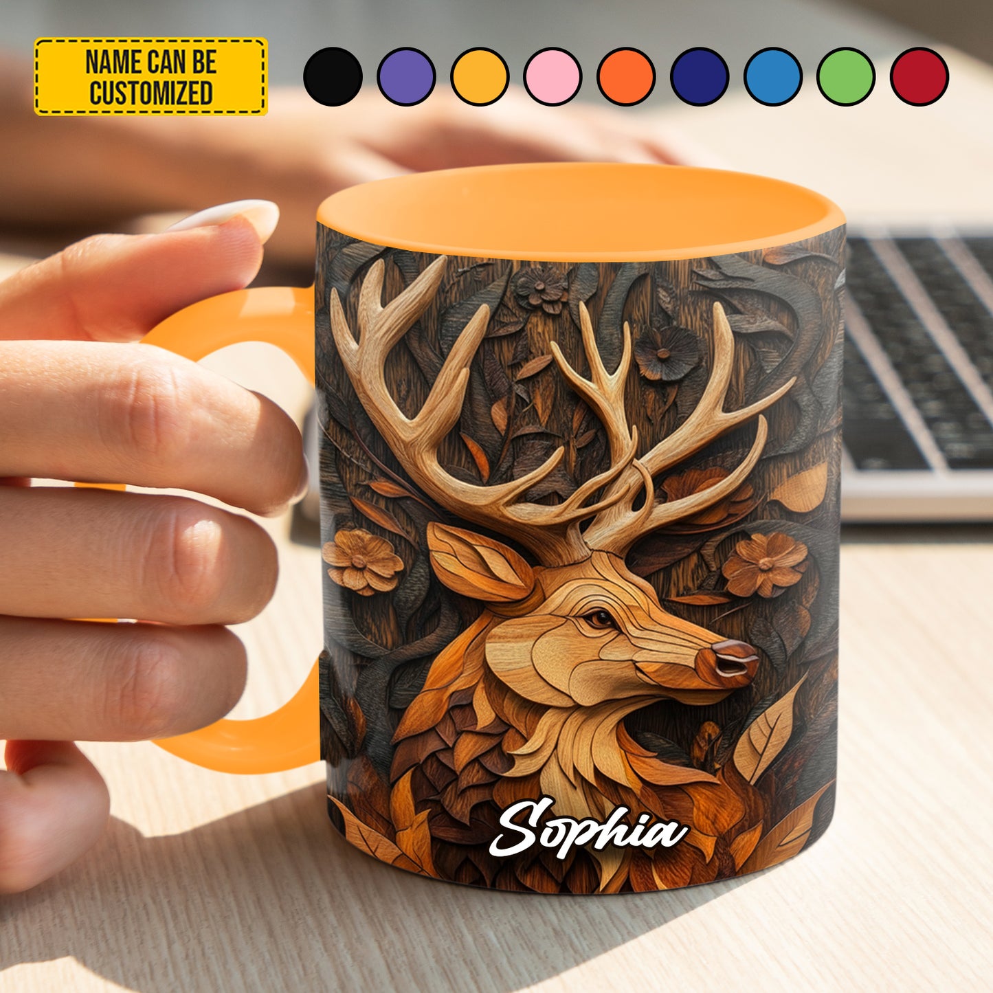 Personalized Deer Wooden Carving Style Accent Mug