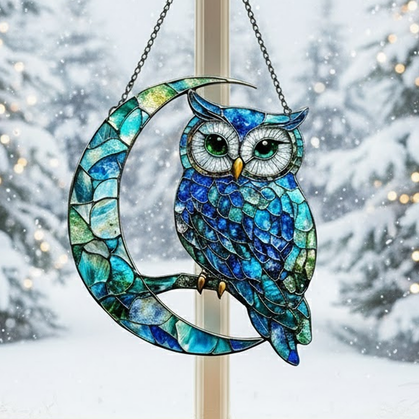Blue Owl On Moon Acrylic Window Hangging