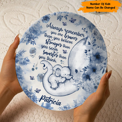 All Way Remember You Are Braver - Personalized Mother Elephant Ceramic Round Plate