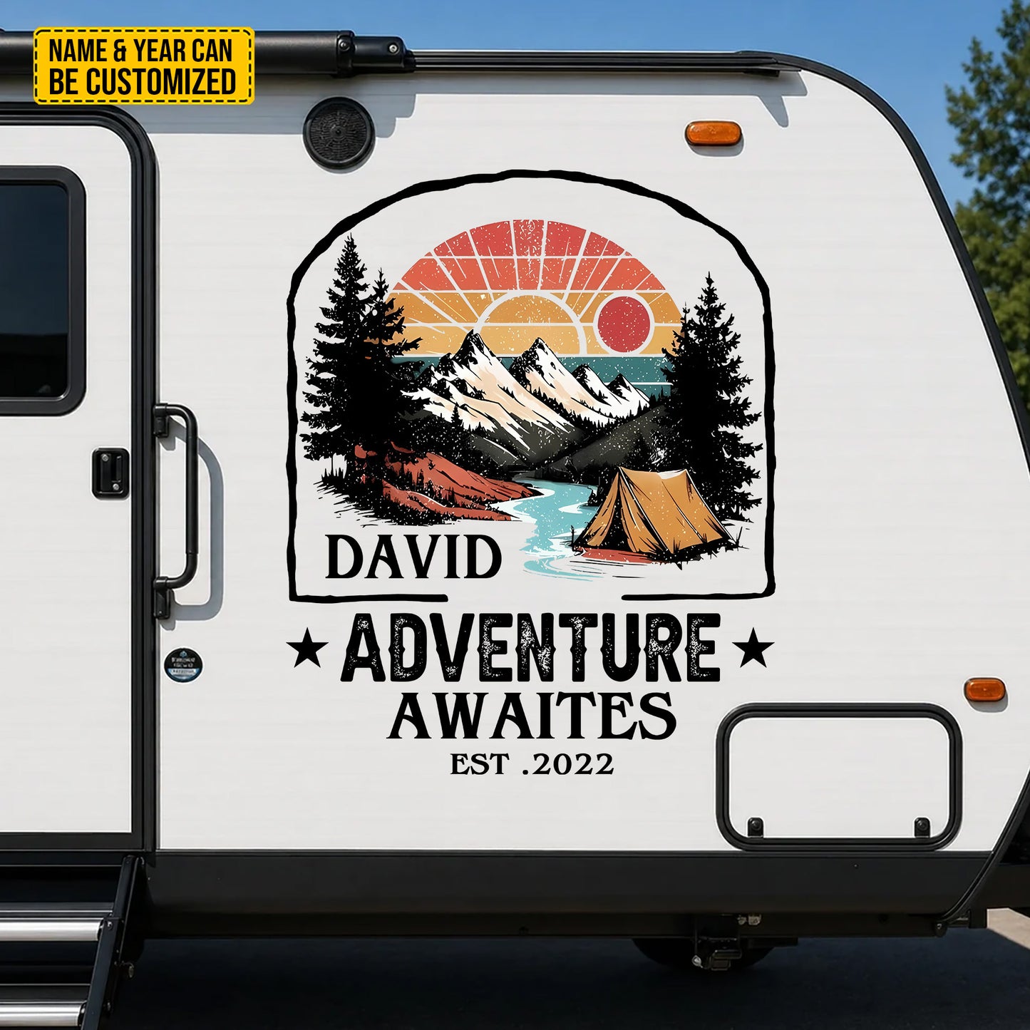"Adventure Awaits" Vintage Decal Camping - Personalized Name And Year