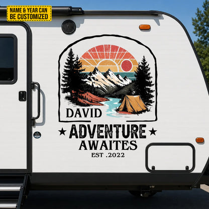 "Adventure Awaits" Vintage Decal Camping - Personalized Name And Year