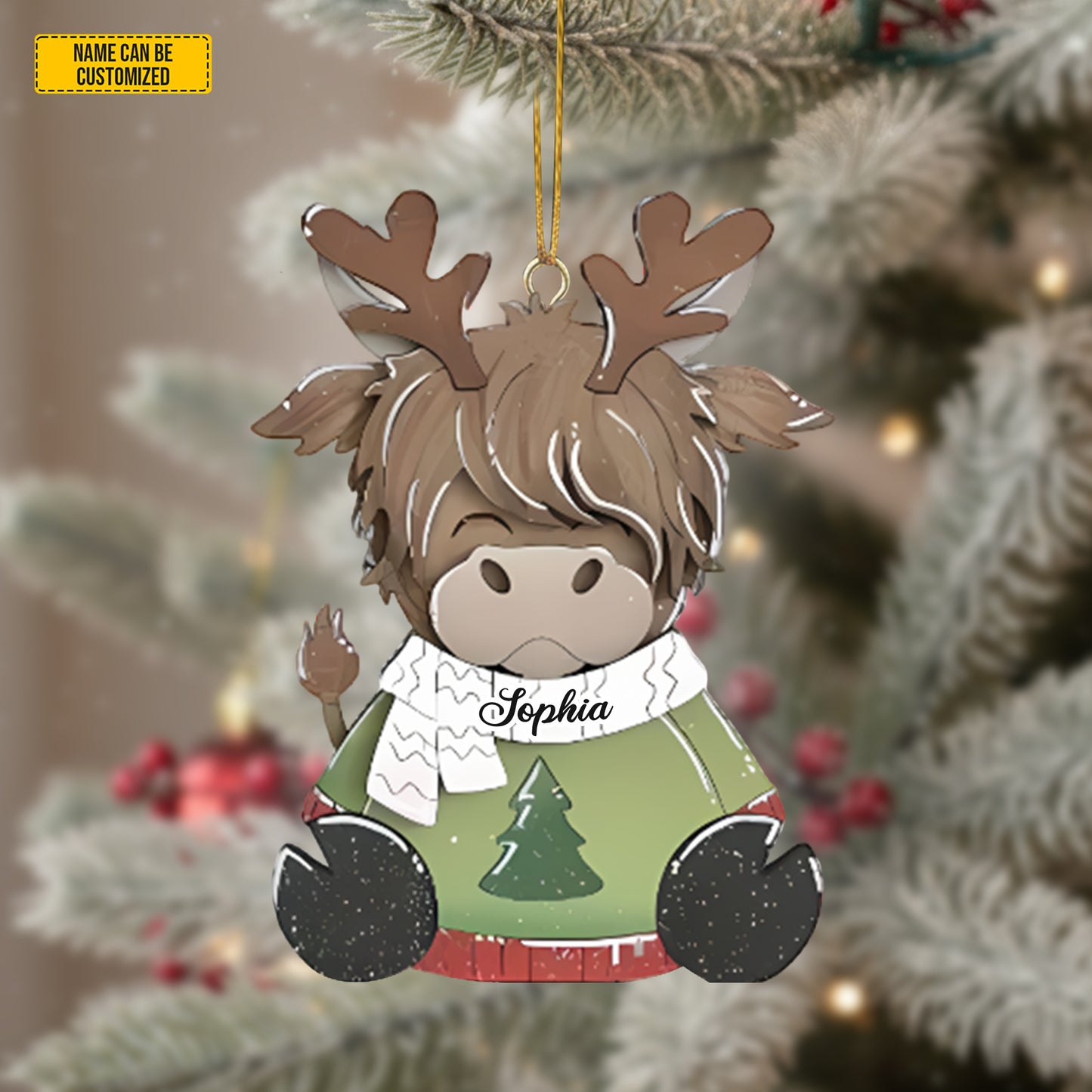 Personalized Santa Highland Cow Christmas 3-Layers Wood Ornament