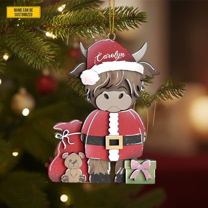 Personalized Santa Highland Cow Christmas 3-Layers Wood Ornament