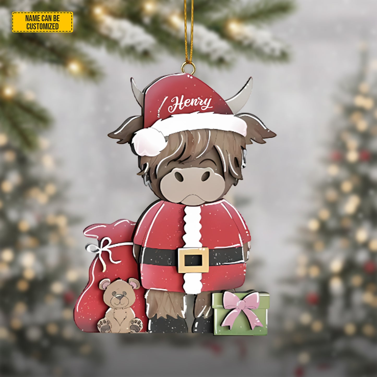 Personalized Santa Highland Cow Christmas 3-Layers Wood Ornament