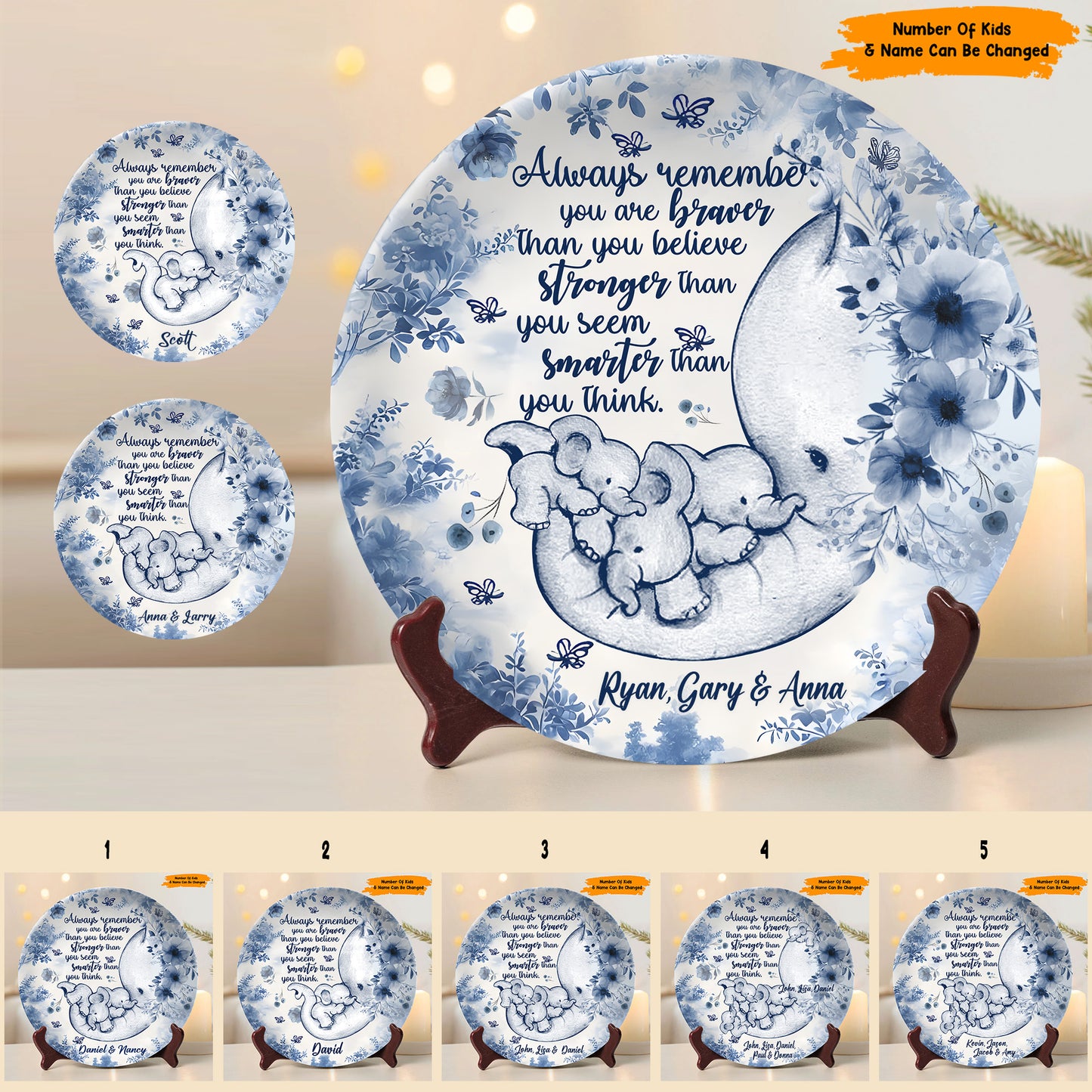 All Way Remember You Are Braver - Personalized Mother Elephant Ceramic Round Plate