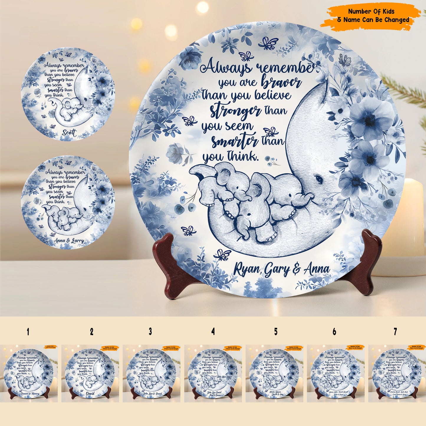 All Way Remember You Are Braver - Personalized Mother Elephant Ceramic Round Plate