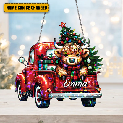 Highland Cow Truck Christmas - Personalized Hologram Ornament