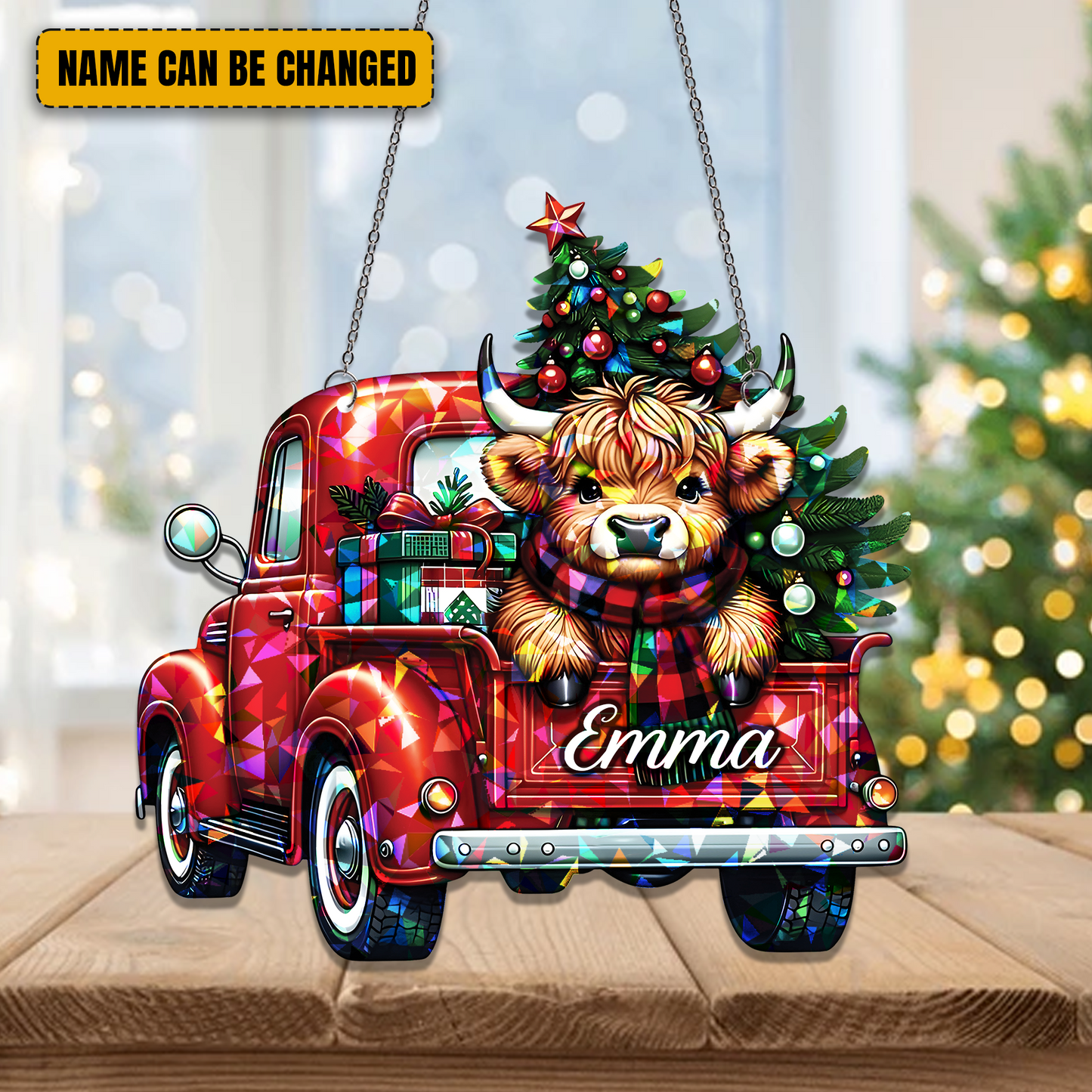 Highland Cow Truck Christmas - Personalized Hologram Ornament