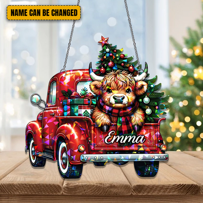 Highland Cow Truck Christmas - Personalized Hologram Ornament