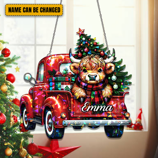 Highland Cow Truck Christmas - Personalized Hologram Ornament
