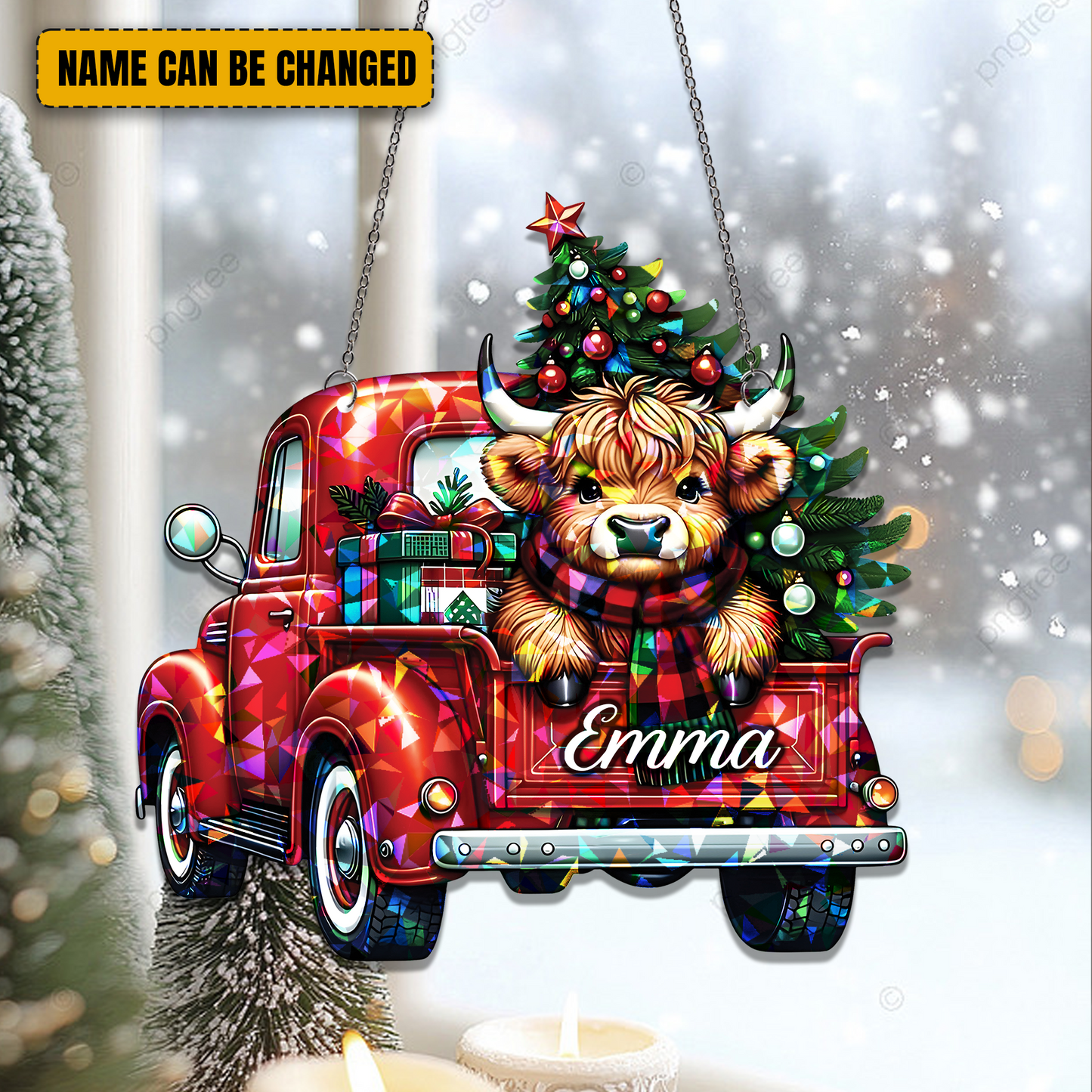 Highland Cow Truck Christmas - Personalized Hologram Ornament