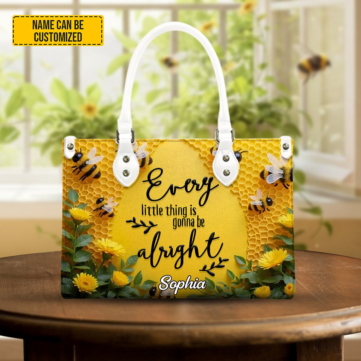 Personalized Bee & Sunflower Leather Handbag
