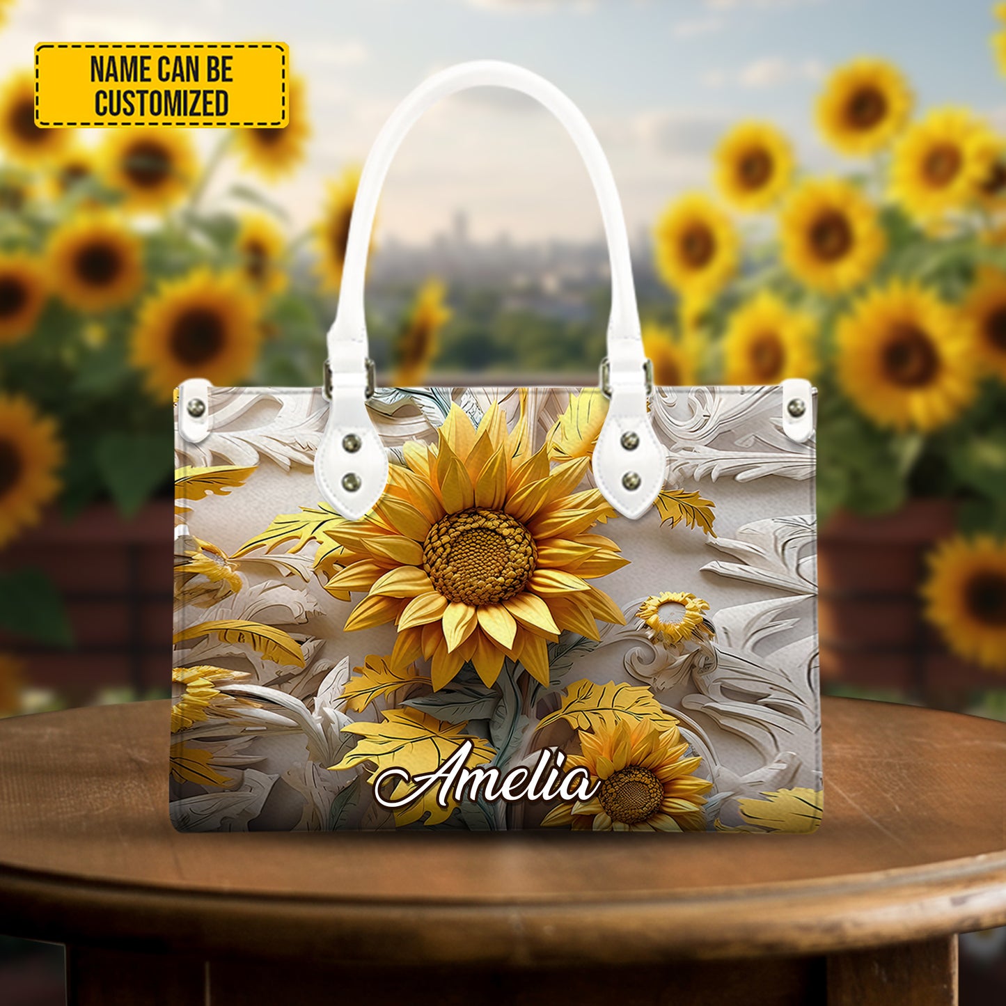 Personalized Sunflower Leather Handbag