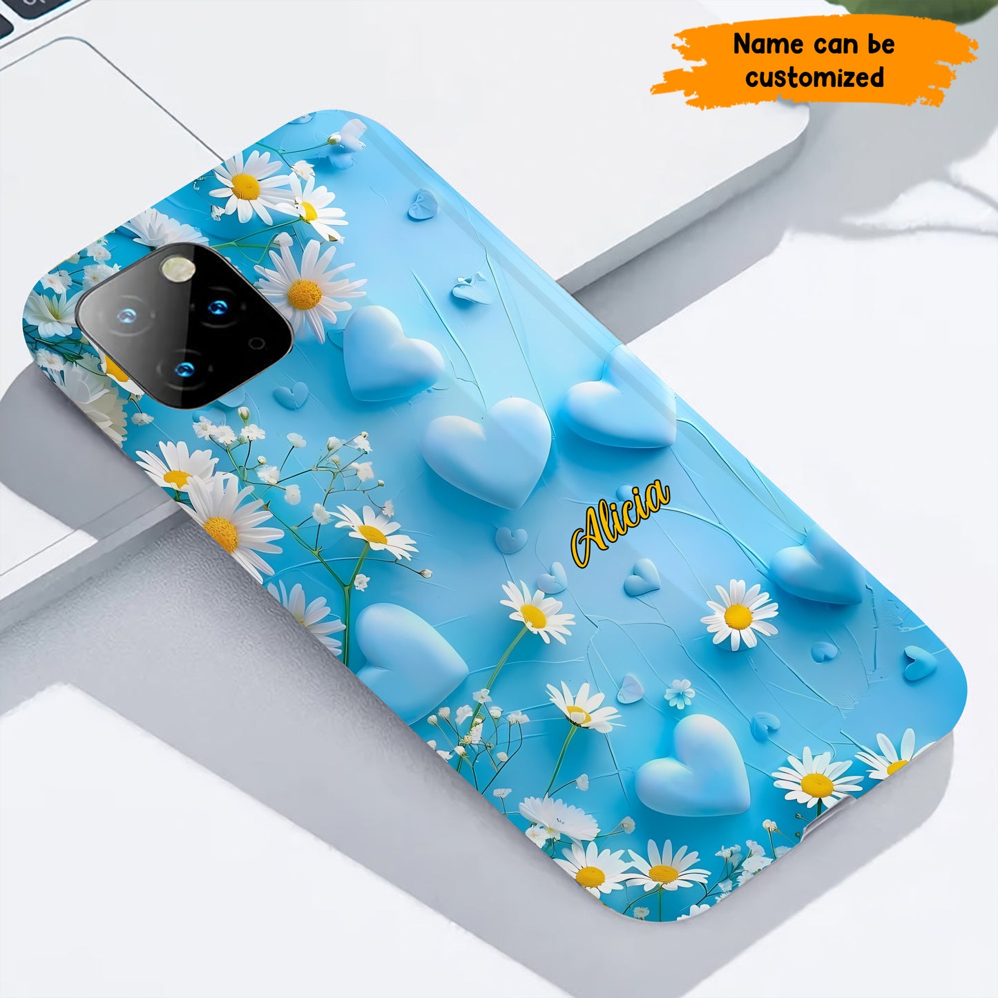 Personalized Blue Heart & Daisy Phone Case