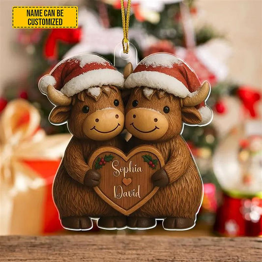 Christmas Highland Cow Couple - Personalized Cow Ornament