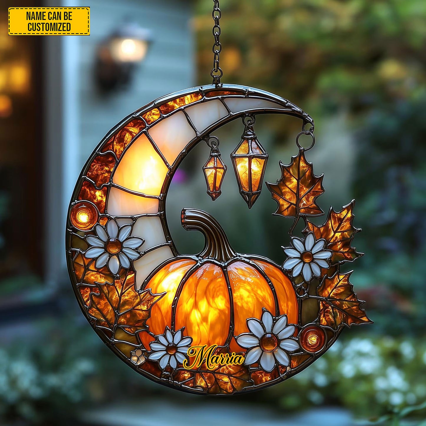 Autumn Pumpkin Crescent Moon Acrylic Window, Acrylic Window Hanging