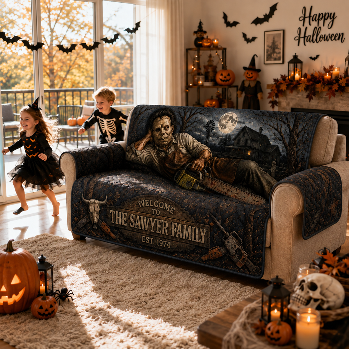 Personalized Chainsaw Killer Halloween Furniture Sofa Cover – Halloween Horror Quilted Home Decor