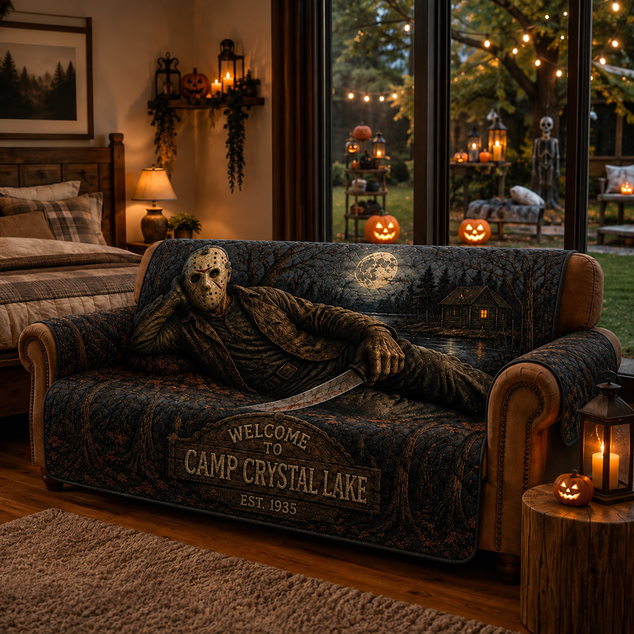 Camp Crystal Lake Horror Sofa Cover – Halloween Horror Quilted Home Decor
