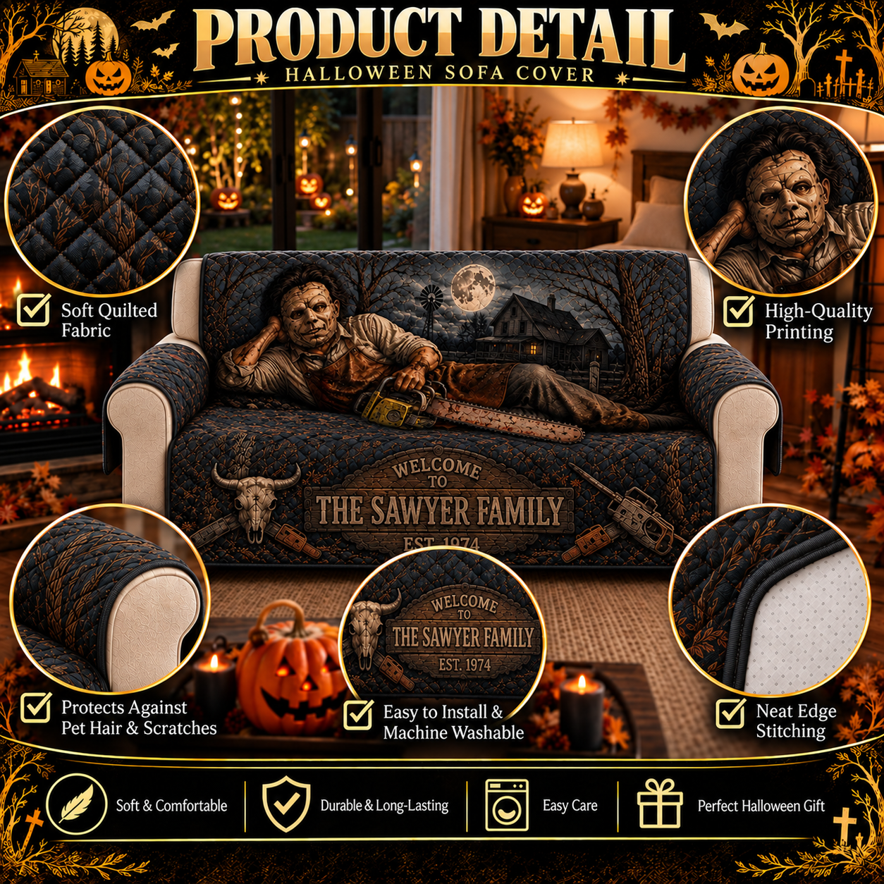 Personalized Chainsaw Killer Halloween Furniture Sofa Cover – Halloween Horror Quilted Home Decor