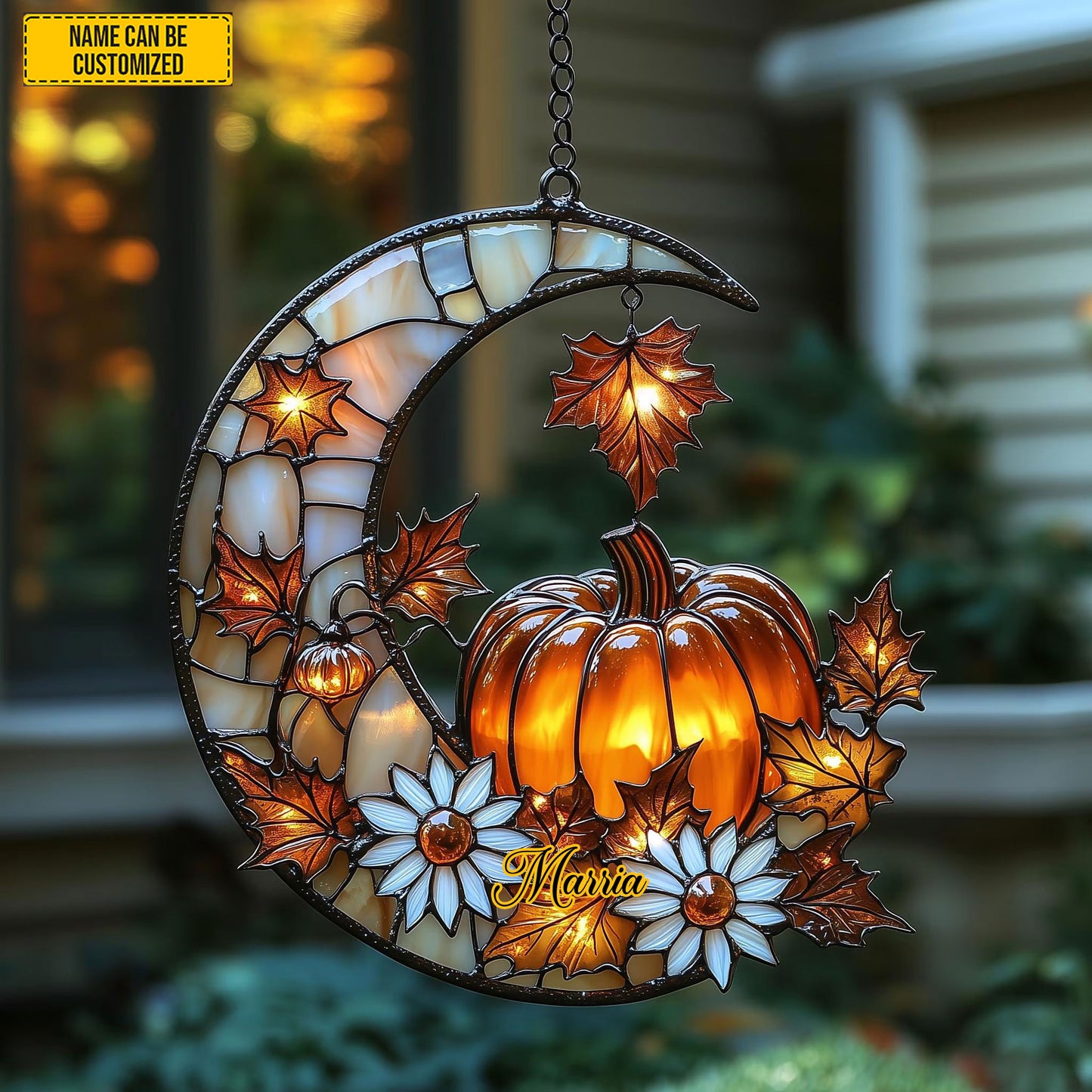 Autumn Pumpkin Crescent Moon Acrylic Window, Acrylic Window Hanging