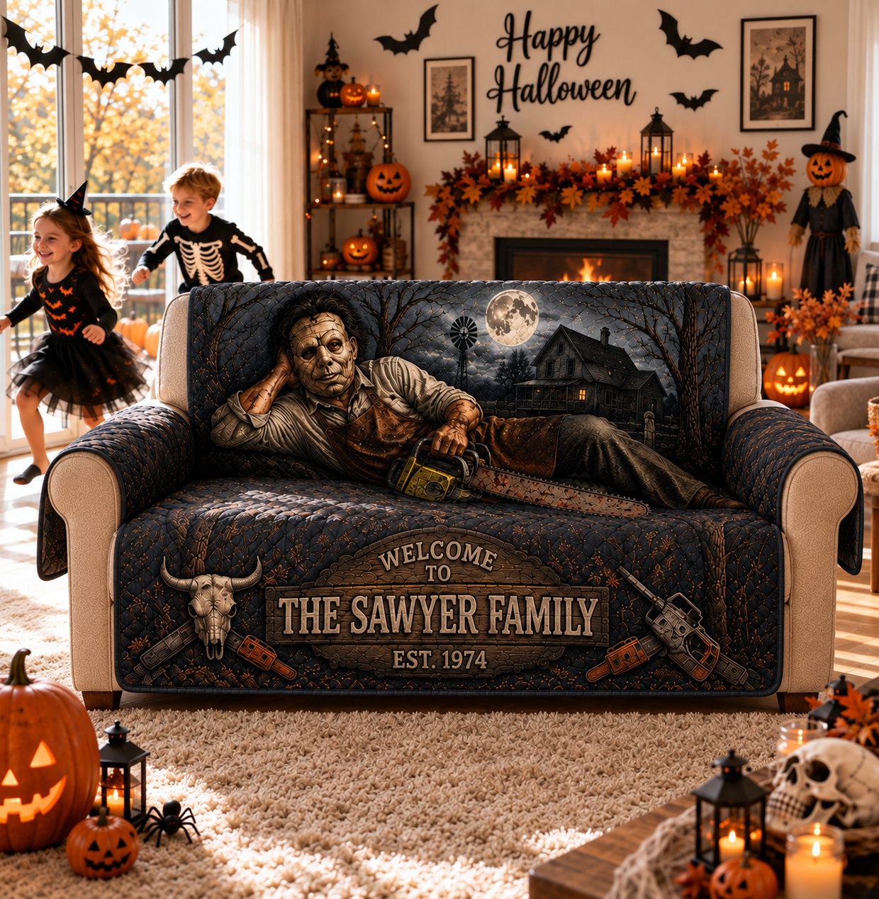 Personalized Chainsaw Killer Halloween Furniture Sofa Cover – Halloween Horror Quilted Home Decor