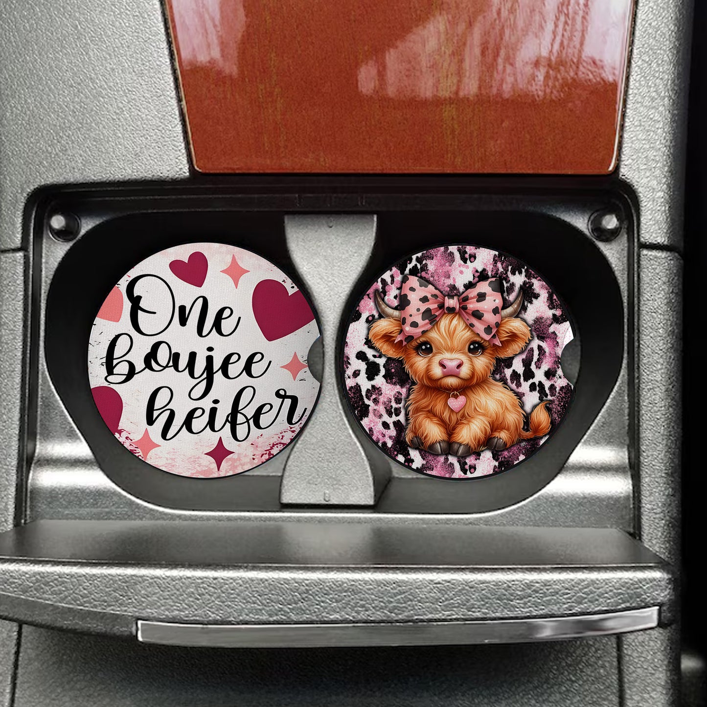 One Boujee Heifer Pink Highland Cow Car Coaster