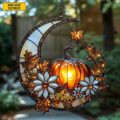 Autumn Pumpkin Crescent Moon Acrylic Window, Acrylic Window Hanging