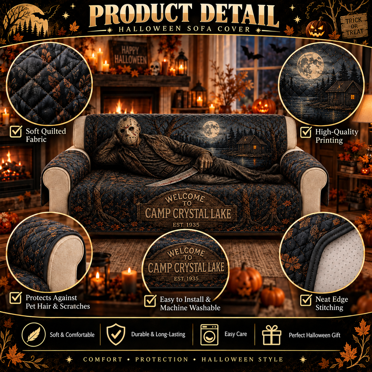 Camp Crystal Lake Horror Sofa Cover – Halloween Horror Quilted Home Decor