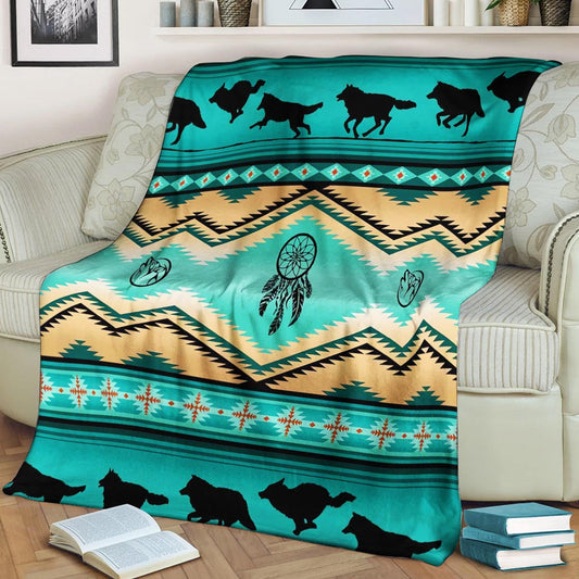 Native American Wolf Sherpa Fleece Blanket