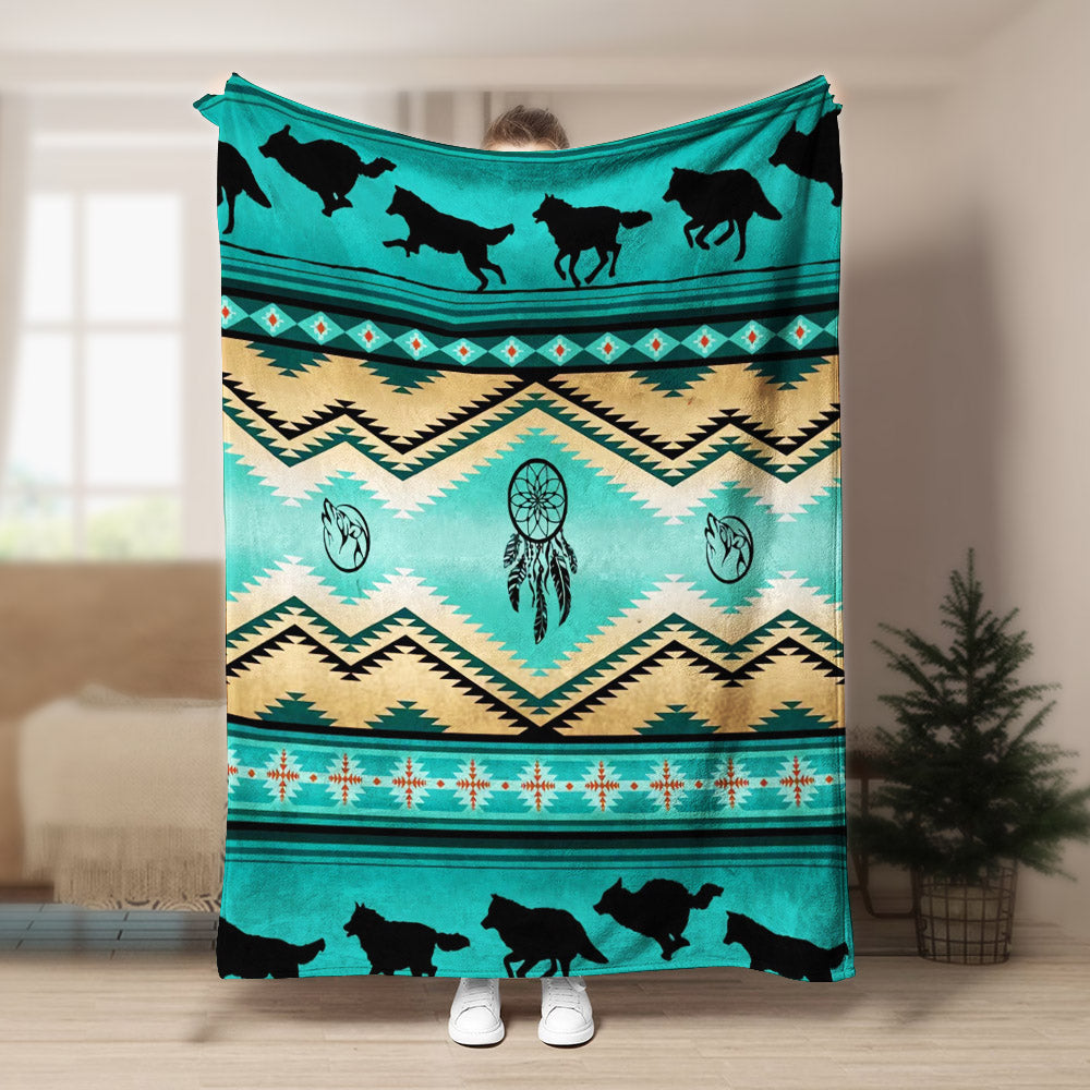 Native American Wolf Sherpa Fleece Blanket
