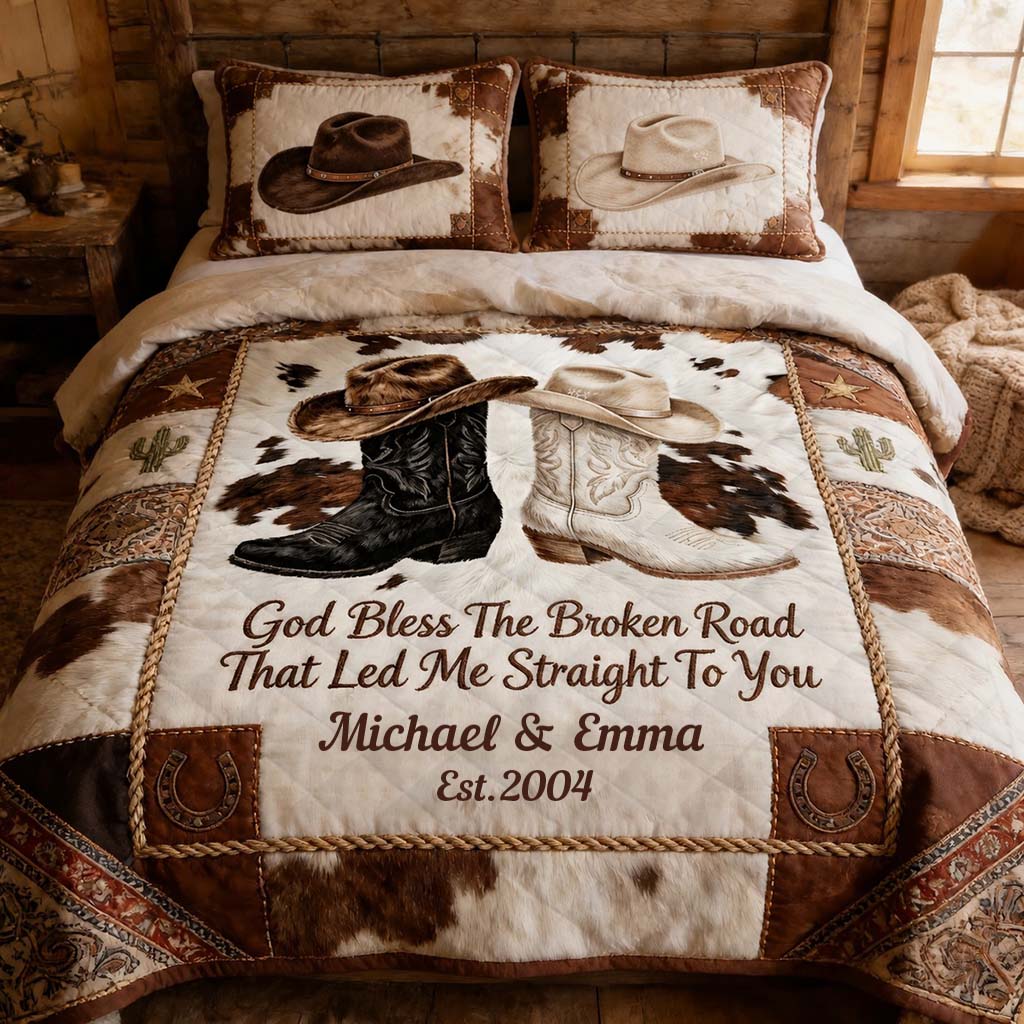 God Bless The Broken Road - Personalized Western Couple Bedding Set