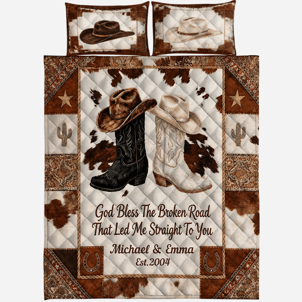 God Bless The Broken Road - Personalized Western Couple Bedding Set