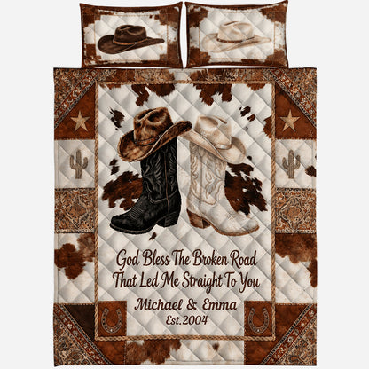 God Bless The Broken Road - Personalized Western Couple Bedding Set