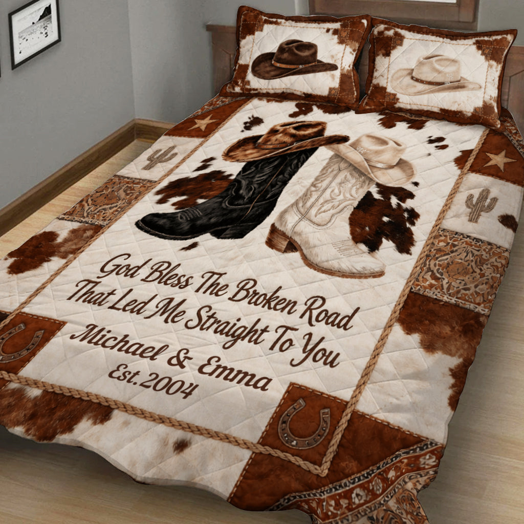 God Bless The Broken Road - Personalized Western Couple Bedding Set