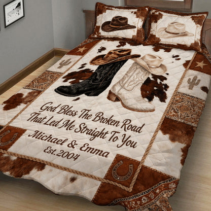 God Bless The Broken Road - Personalized Western Couple Bedding Set